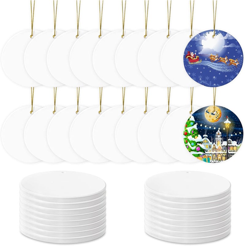 AMONE Sublimation Ceramic Ornaments - Bulk Ceramic Discs for Heat Press Printing - White Round Porcelain Personalized Xmas Tree Keepsake Crafts Gift - 48pc - Image 1